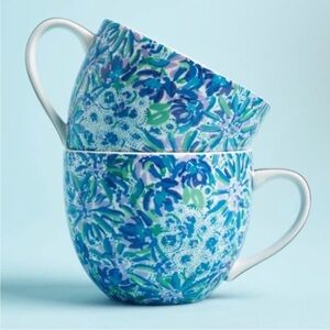Lilly Pulitzer Blue and Green Ceramic Mugs with Gold Handle
